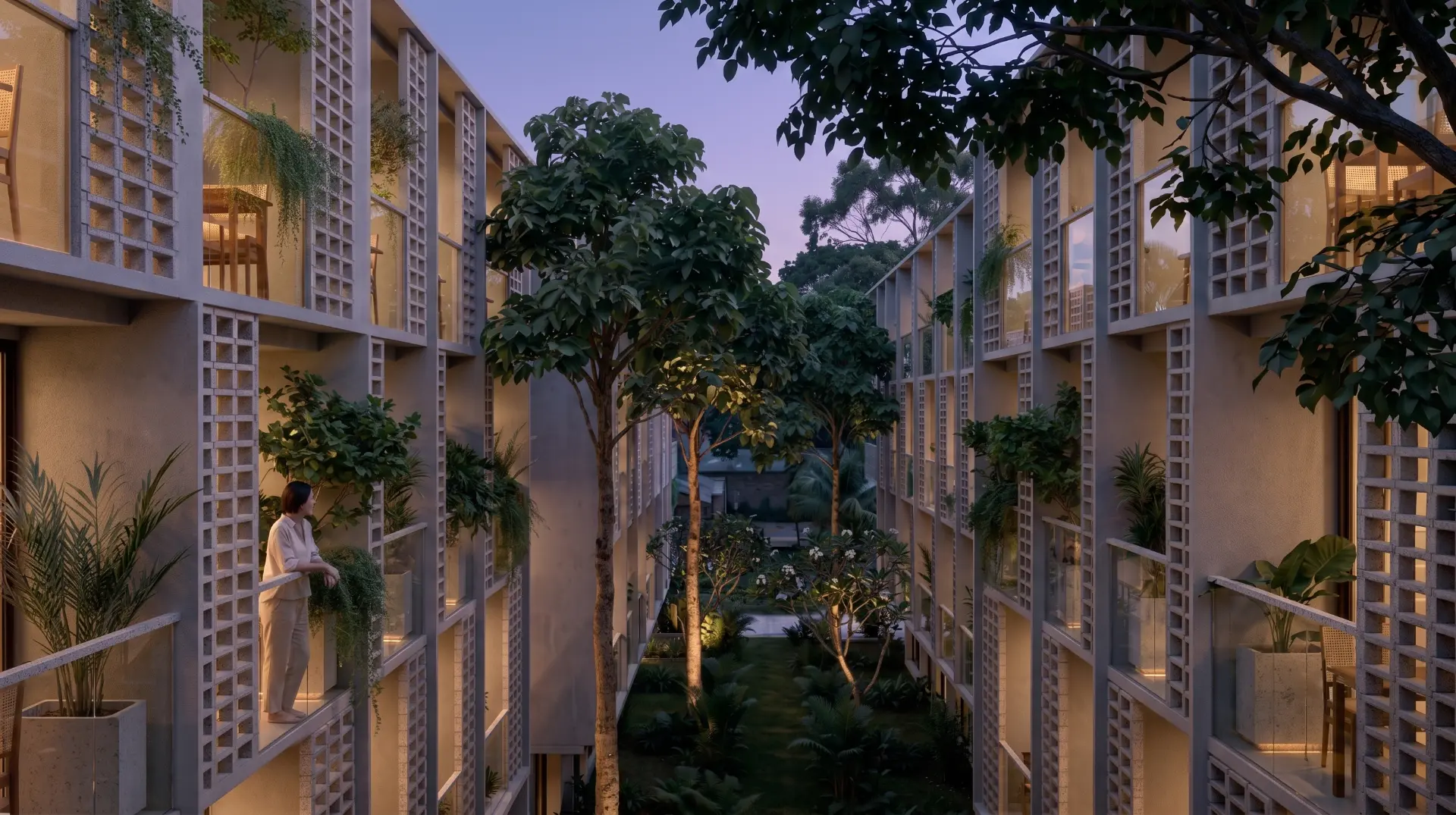 Tree-lined courtyard between Amazing Grace residences